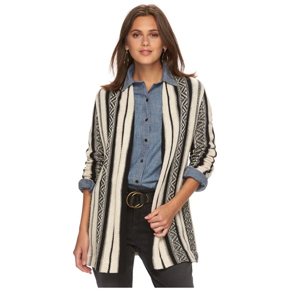 CHAPS DENIM Sweater Black Ivory Long Line Open Front Cardigan Knit Cotton Small - Picture 2 of 12